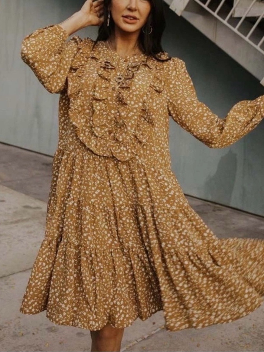 bohme cottoncore Women’s Mustard Brown Ditsy Floral Tiered Long Sleeve Dress